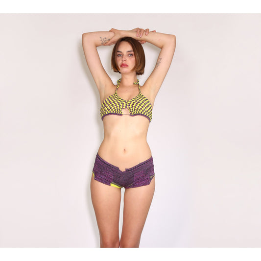 Reversible Checkered Bikini Top - Shimmer Purple & Highlighter Yellow