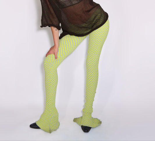 Checkered Print Flare Pants - Blue Gray